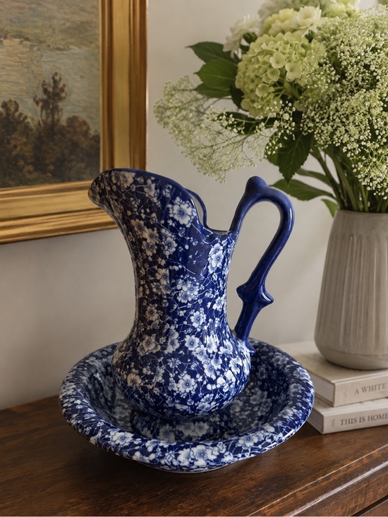 Other - Antique Victoria Ware Ironstone Pitcher and Basin Blue Cobalt Floral Decor Bath
